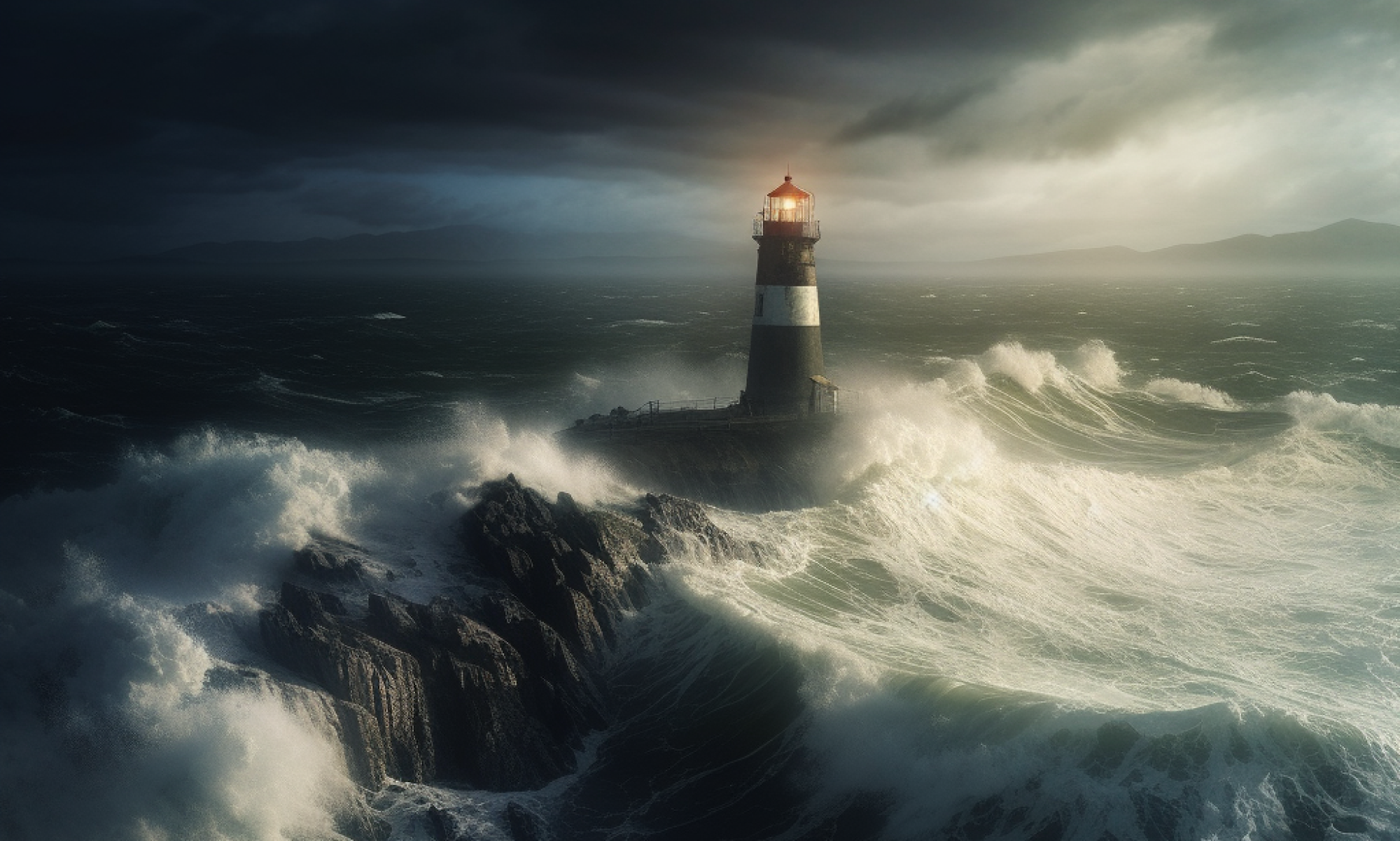 Lighthouse in a stormy sea, giving directions.